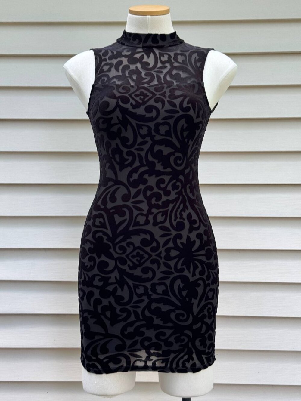 Black Burnout Velvet Mock Neck Bodycon Mini Dress - XS/S